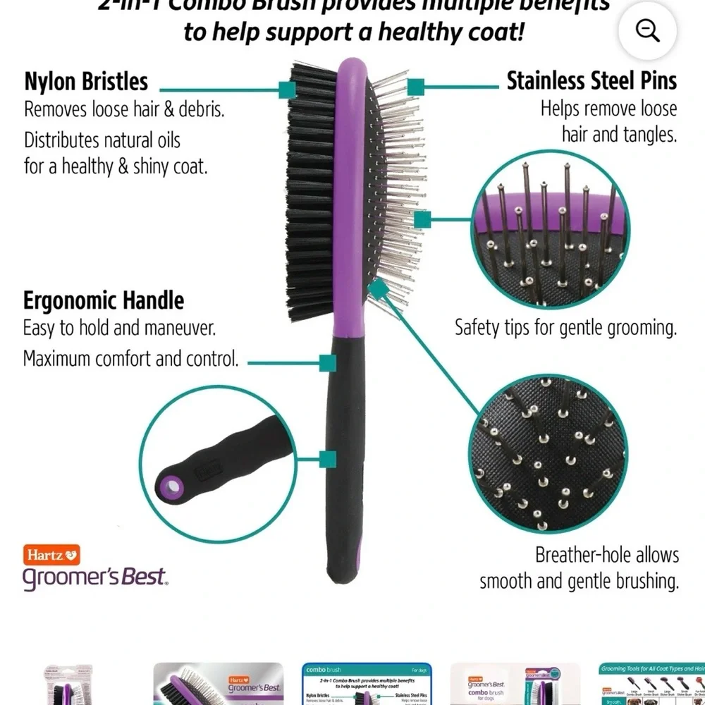 Hartz Dual-Action Grooming Brush — Purple & Black
